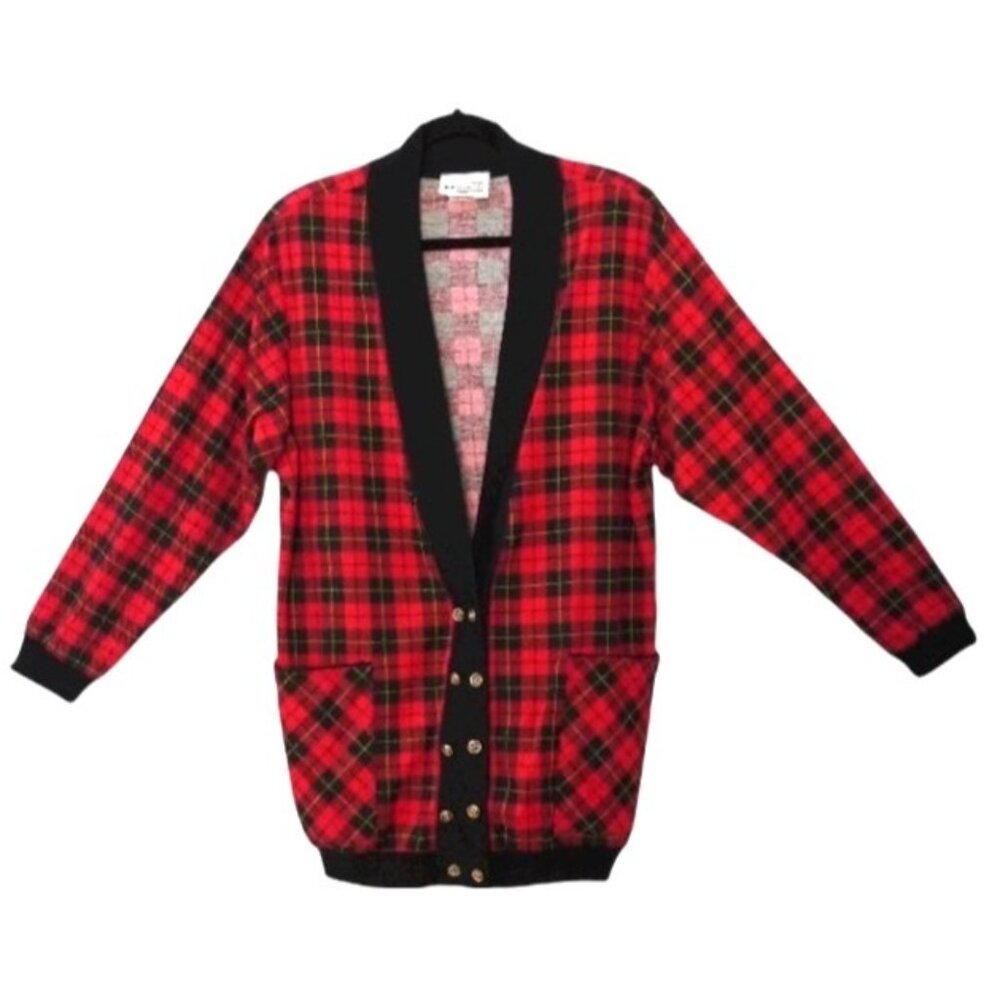 Brittany Nicole Cardigan Sweater Women Medium Red Plaid Gold Button Shawl Collar